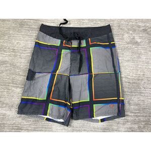 Ocean Pacific Board Shorts Men 32 Gray Black Plaid Trunks Swim Surfing Surf Pool